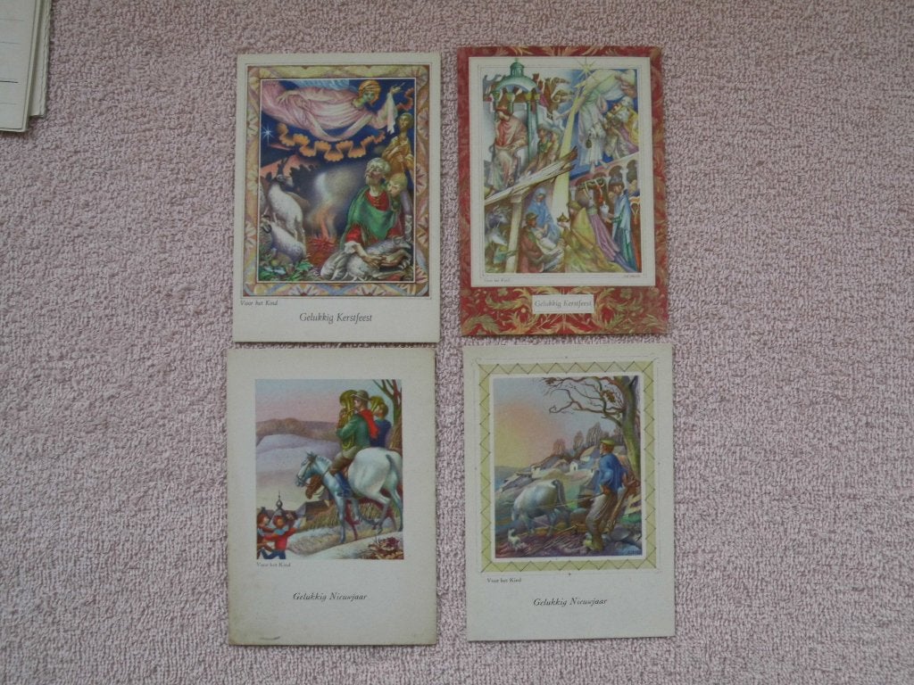 4 Oude Kerst- en Nieuwjaarskaarten - 1958, Ophalen of Verzenden, 1940 tot 1960, Gelopen, Feest(dag)