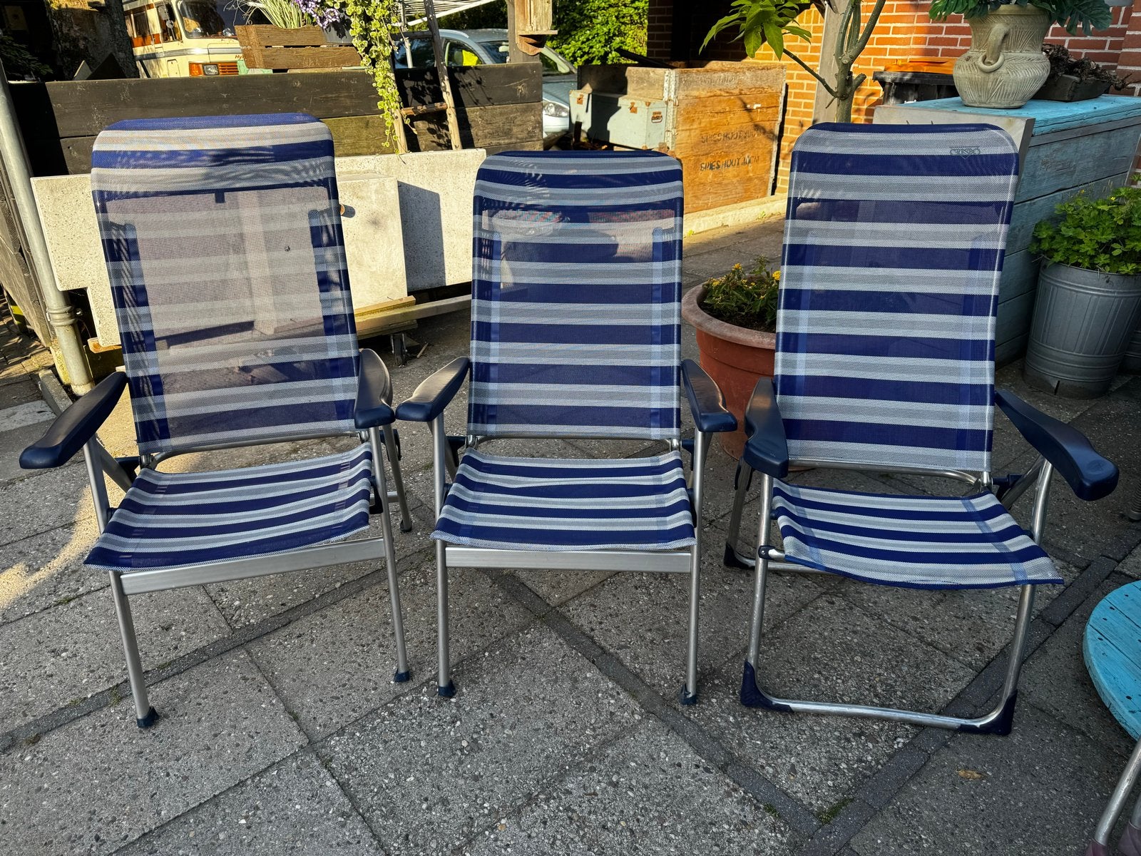 Verstelbare Campingstoelen - Blauw Gestreepte Set, Ophalen, Gebruikt, Campingstoel