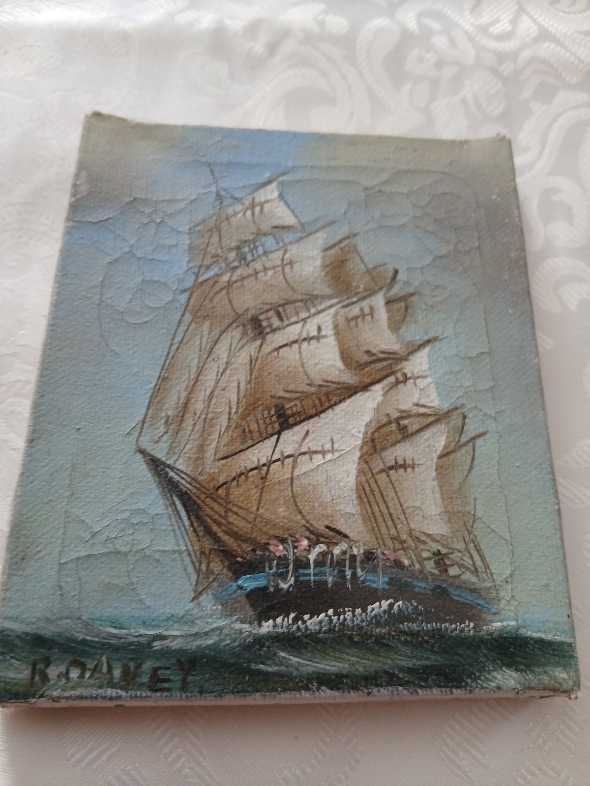 Maritiem Schilderij: Zeilschip op woelige zee, gesigneerd, Maritiem / water, Doek, Ophalen of Verzenden, Gesigneerd