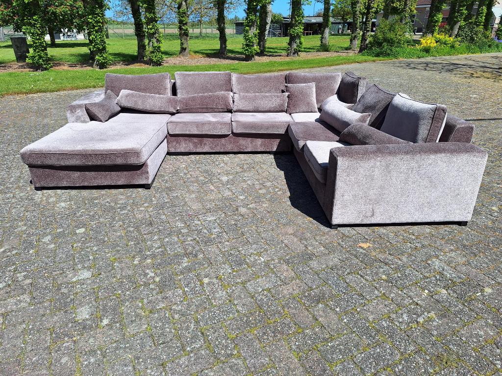 Fluwelen U bank in paars / grijs. Grote hoekbank velours, Gebruikt, 125 cm of meer, 125 cm of meer, Ophalen of Verzenden