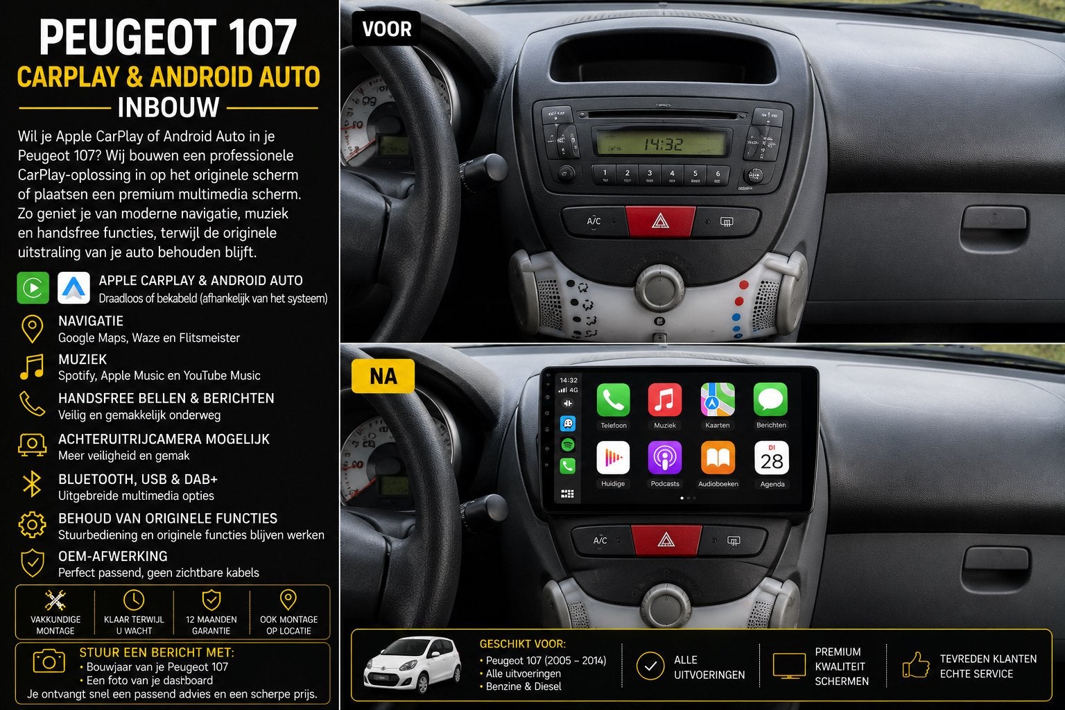 Peugeot 107 CarPlay & Android Auto Inbouw, Auto diversen, Autoradio's, Ophalen, Nieuw
