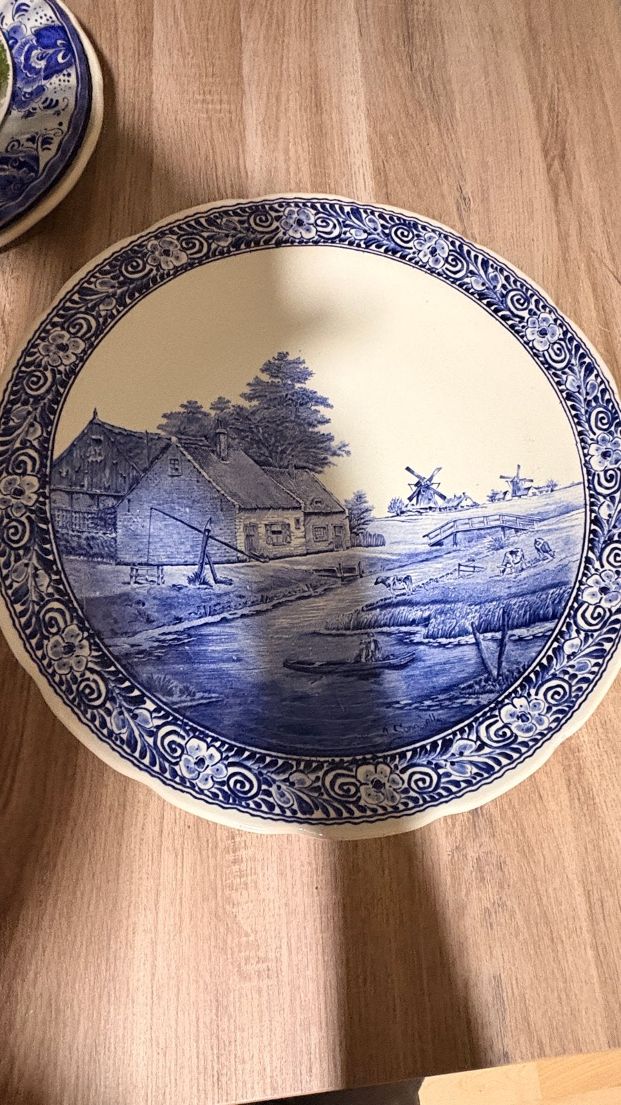 Antiek Delfts Blauw Boch Wandbord met Hollands Landschap, Ophalen of Verzenden