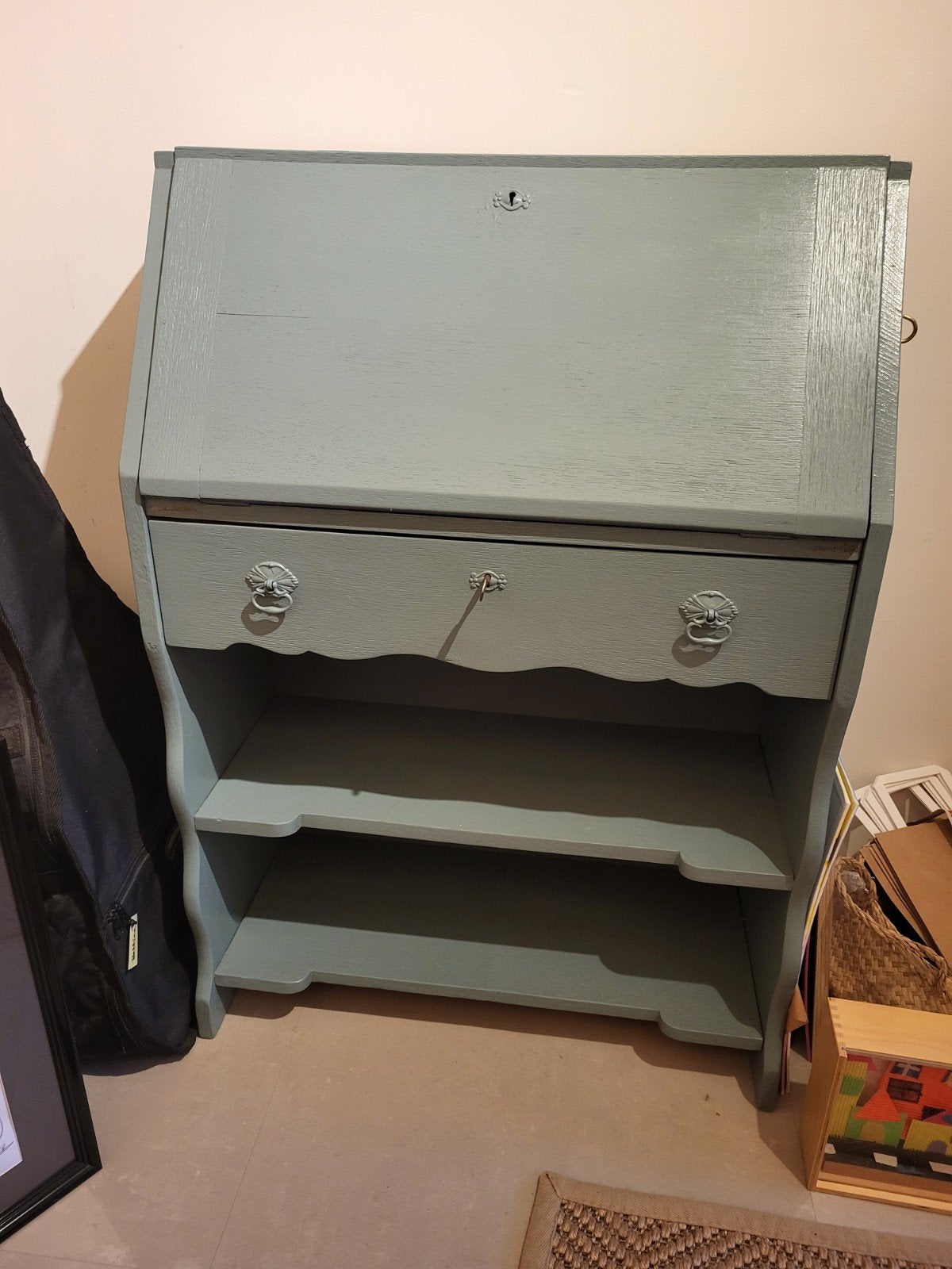 Vintage Secretaire Bureau - Grijsblauw Hout, Huis en Inrichting, Ophalen, Gebruikt, Vintage, Klassiek
