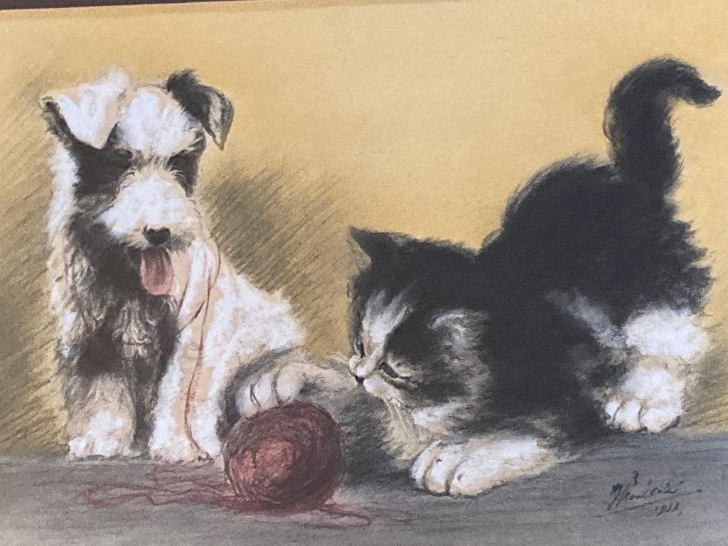 Klassiek gesigneerd schilderij van spelende hond en kat, Ophalen, Dieren, Klassiek, Gesigneerd