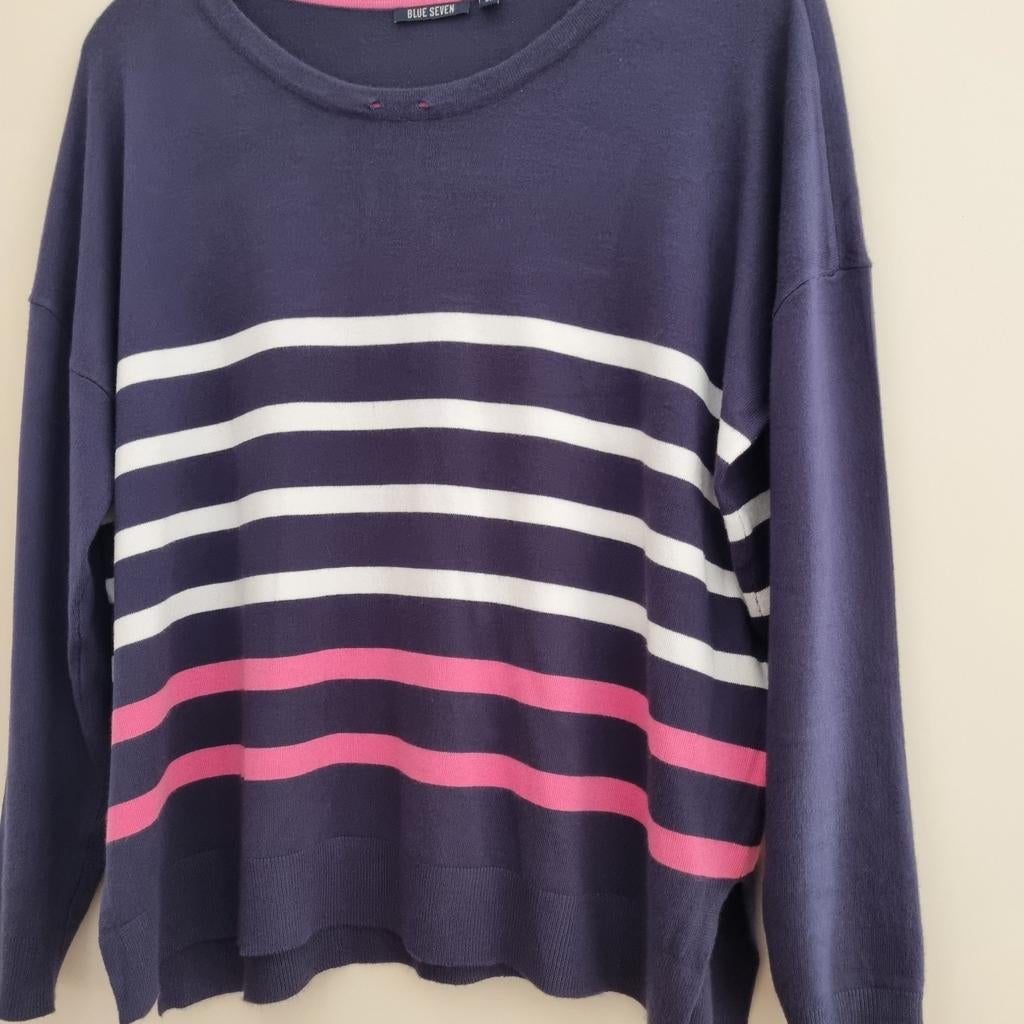 Blue Seven gestreepte trui - Blauw, wit, roze - Maat 46, Kleding | Dames, Grote Maten, Blue Seven, Ophalen of Verzenden, Gedragen