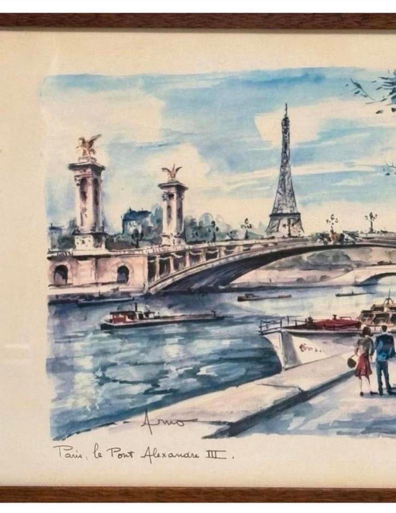 Antiek Schilderij Pont Alexandre III Parijs brug Seine paris, Ophalen of Verzenden