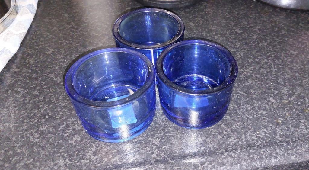 GRATIS: 3 -grote- blauwe waxinelichthouders HEMA, Ophalen, Overige materialen, Blauw, Zo goed als nieuw