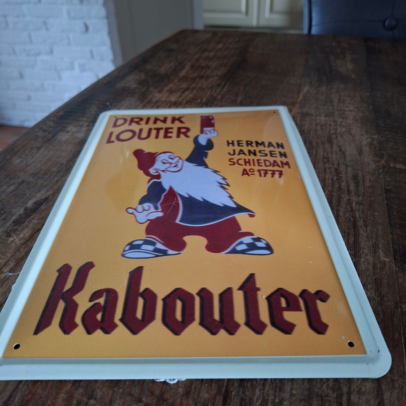 Drink Louter Kabouter Jenever Schiedam 30 bij 20 cm groot, Ophalen of Verzenden, Reclamebord