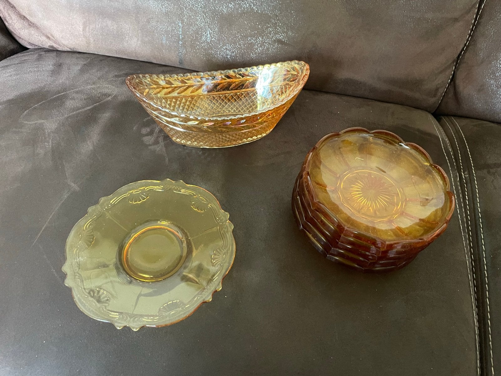 Vintage amber kleurige glazen schalen en borden set, Antiek en Kunst, Ophalen of Verzenden
