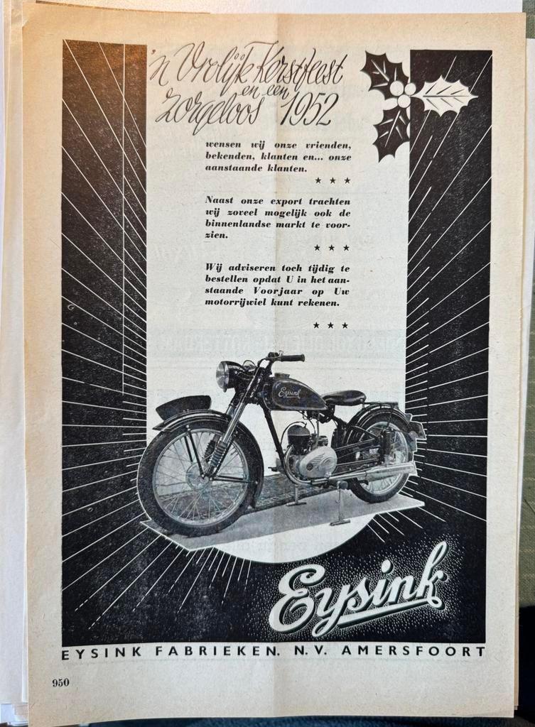 Advertentie Eysink Prettige Kerstdagen en Nieuwjaar 1952, Verzamelen, Verzenden, Zo goed als nieuw, Motoren