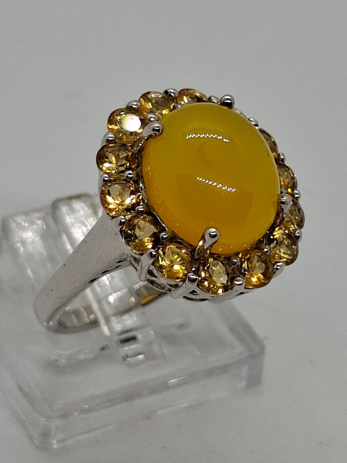 Zilveren ring met gele jade en citrien - Maat 55 (17.5mm), Sieraden, Tassen en Uiterlijk, Ringen, Geel, Ophalen of Verzenden, Zo goed als nieuw