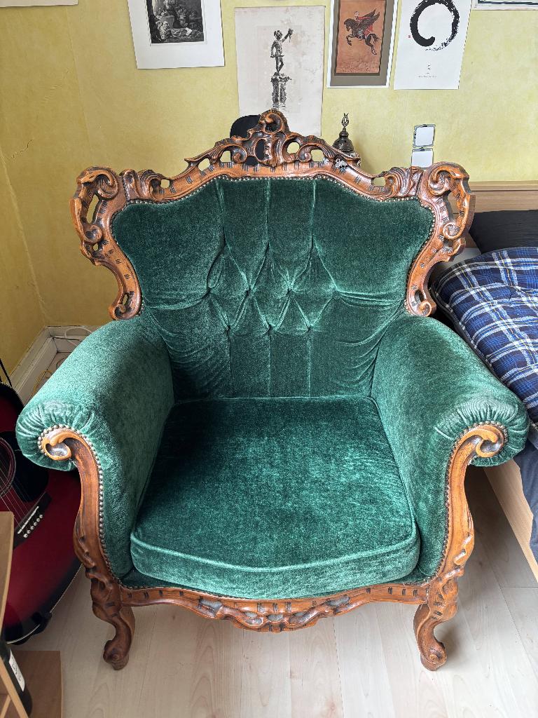 Barokke fauteuil | Groen velours | Massief hout | Vintage, Ophalen, Gebruikt, 75 tot 100 cm, Stof
