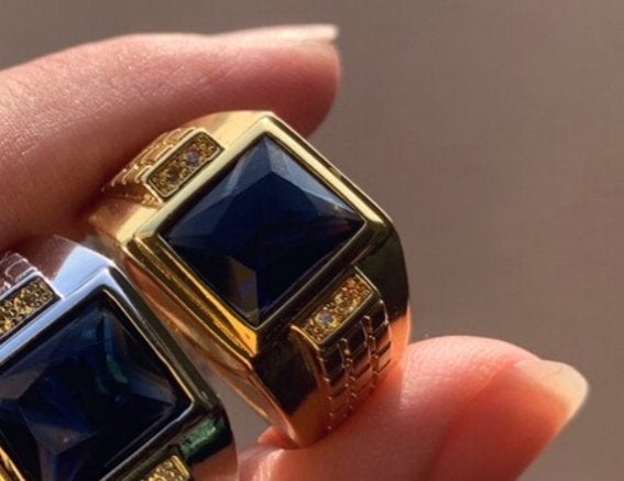 Blauwe zirkoon heren 925 zilveren met goud verguld ring, 20 of groter, Heer, Nieuw, Ophalen of Verzenden