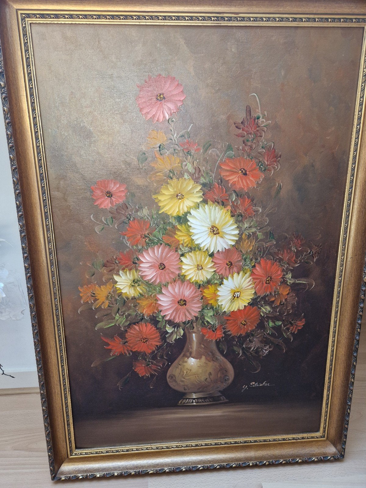 Mooi vaas boeket bloemen schilderij 72x102cm, Doek, Realistisch, Olieverf, Gesigneerd
