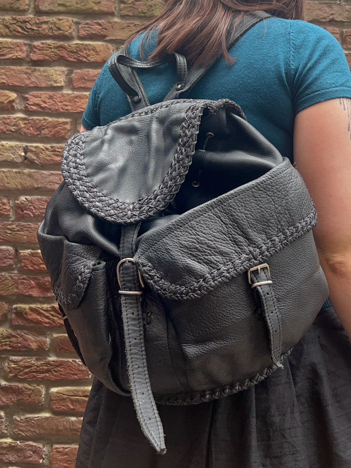 Zwart lederen vintage Boho rugzak, Ophalen of Verzenden, Zo goed als nieuw