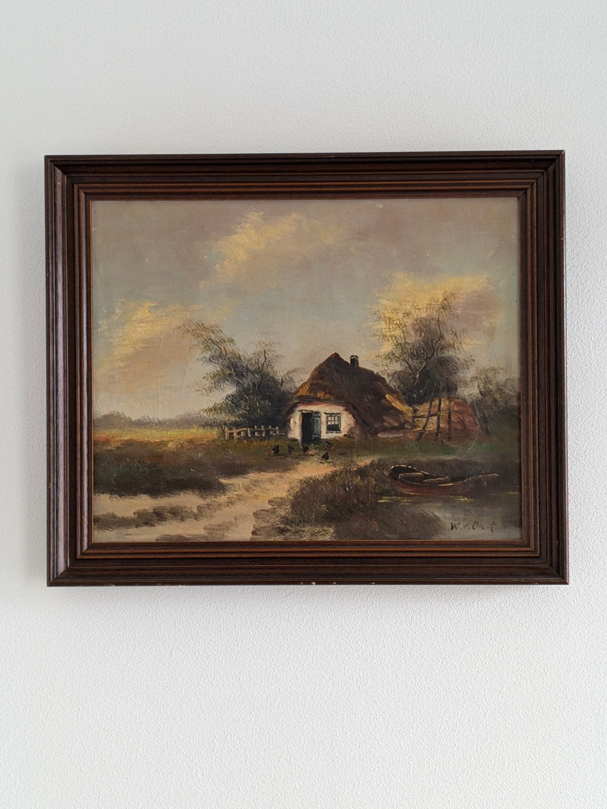 Schilderij: Hollands Landschap met Boerderij en Boot, Ophalen of Verzenden
