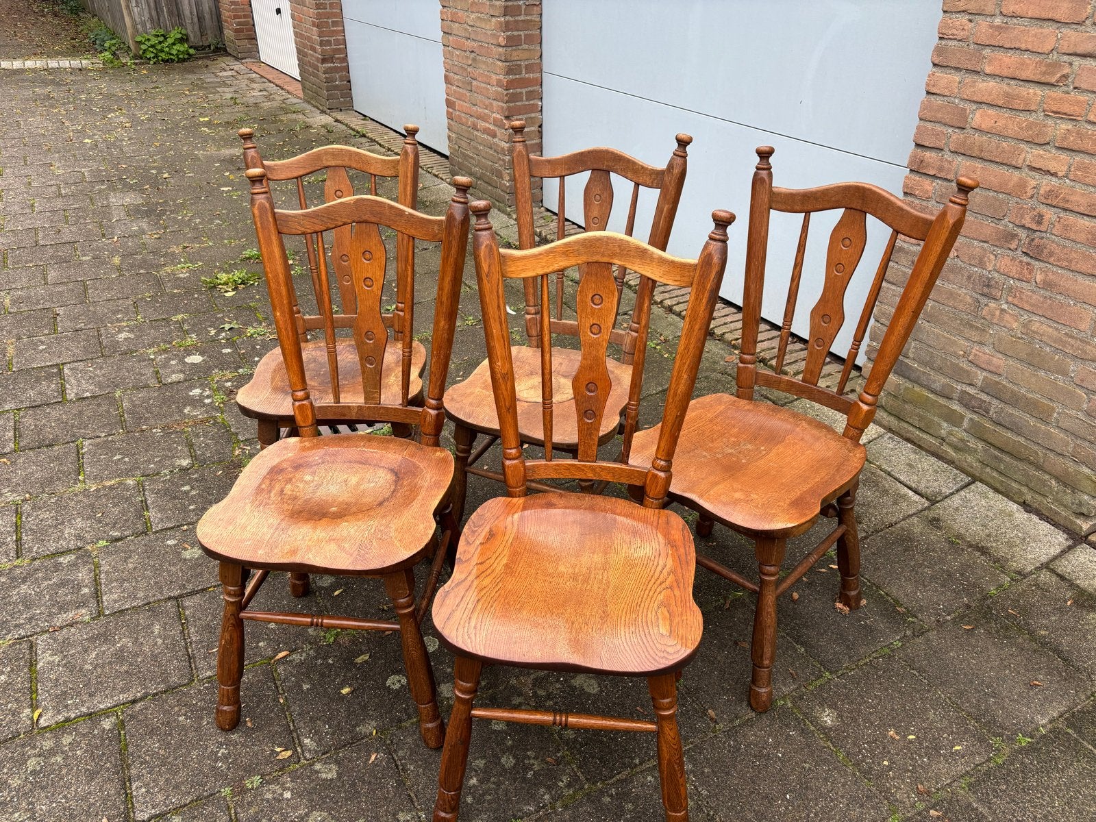 Set van 5 vintage houten eetkamerstoelen, Ophalen