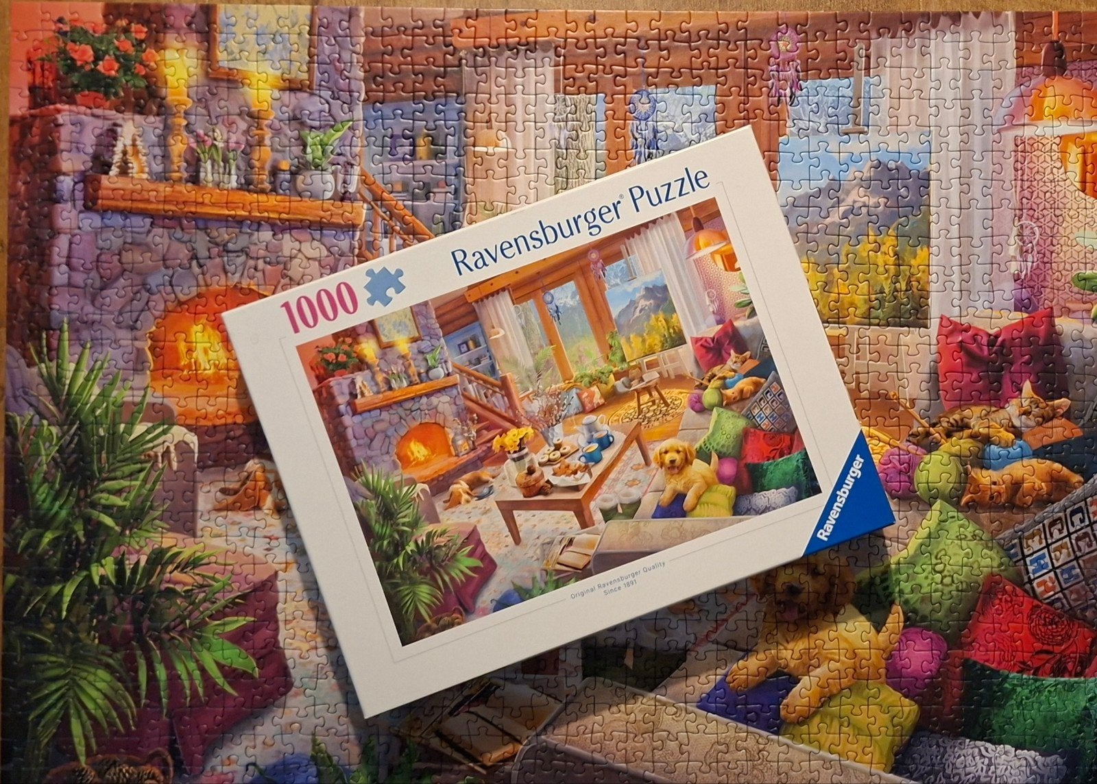 Ravensburger puzzel Cosy Cabin 1000 pc. Zgan, Ophalen of Verzenden, 500 t/m 1500 stukjes, Zo goed als nieuw