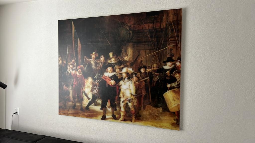 glasplaat schilderij van de beroemde De Nachtwacht, 125 cm of meer, Ophalen of Verzenden, Zo goed als nieuw, Schilderij