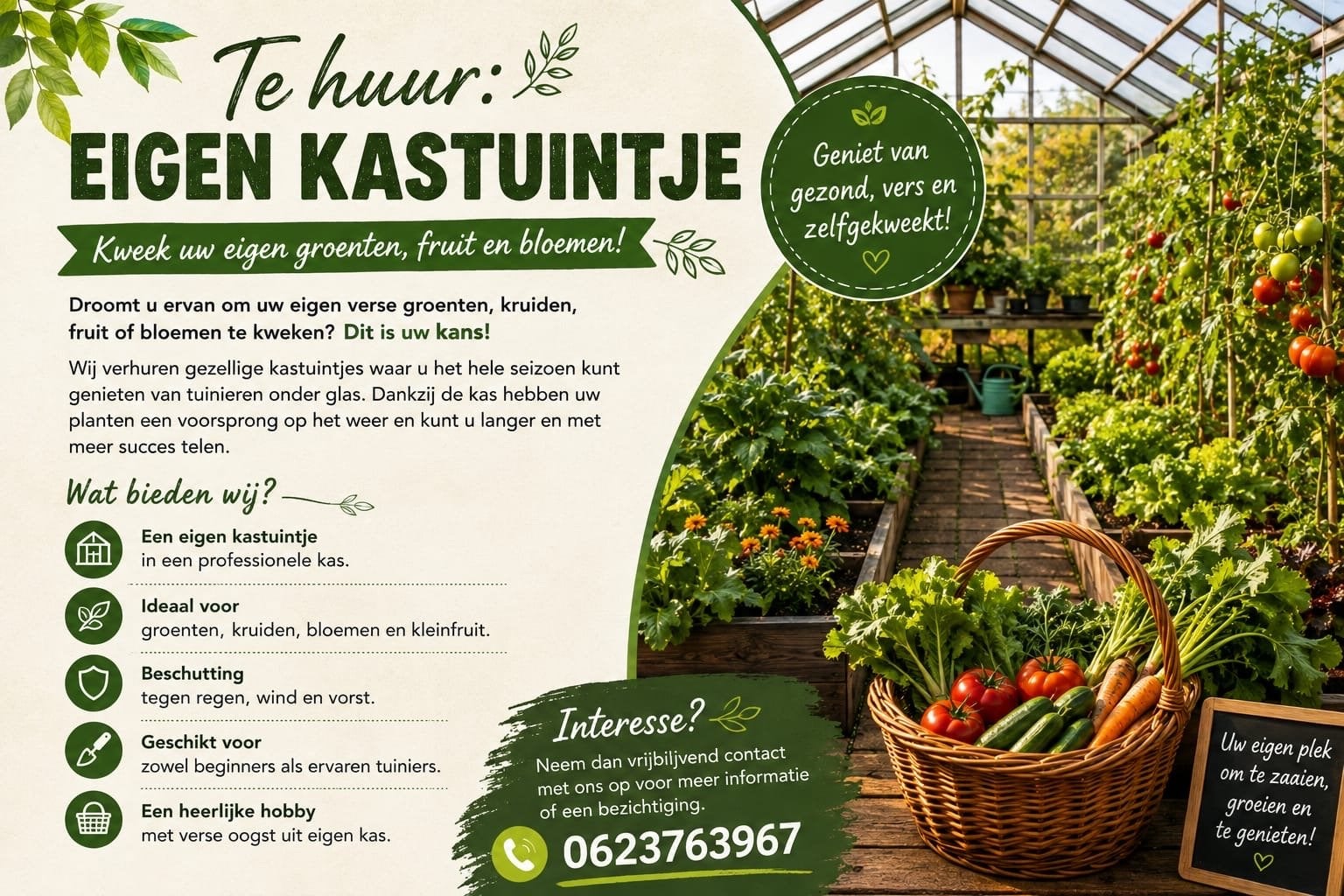 Huur je eigen kastuintje: kweek groenten, fruit en bloemen!, Overige materialen, Ophalen of Verzenden, Glas, Kweekkas