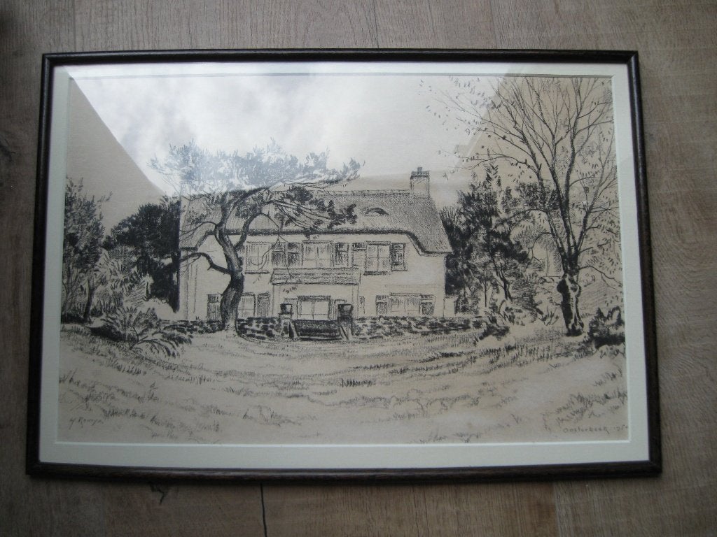 Krijt tekening van H Romyn Oosterbeek Huis van V Keeken-Koes, Realistisch, Ophalen of Verzenden, Gesigneerd, Tekening