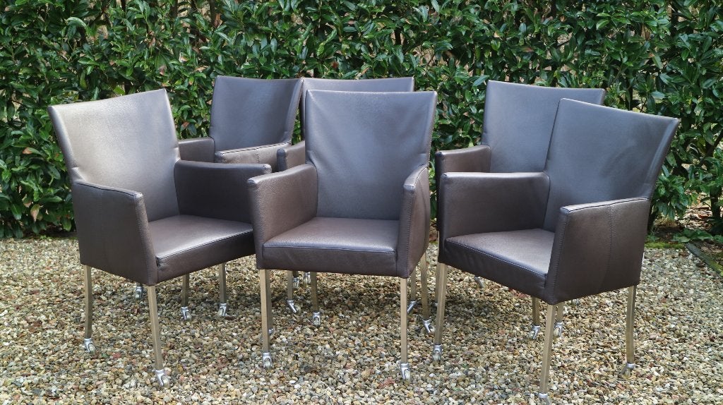 Bert Plantagie leren stoelen met wieltjes., Huis en Inrichting, Stoelen, Ophalen, Bruin, Leer, Zo goed als nieuw