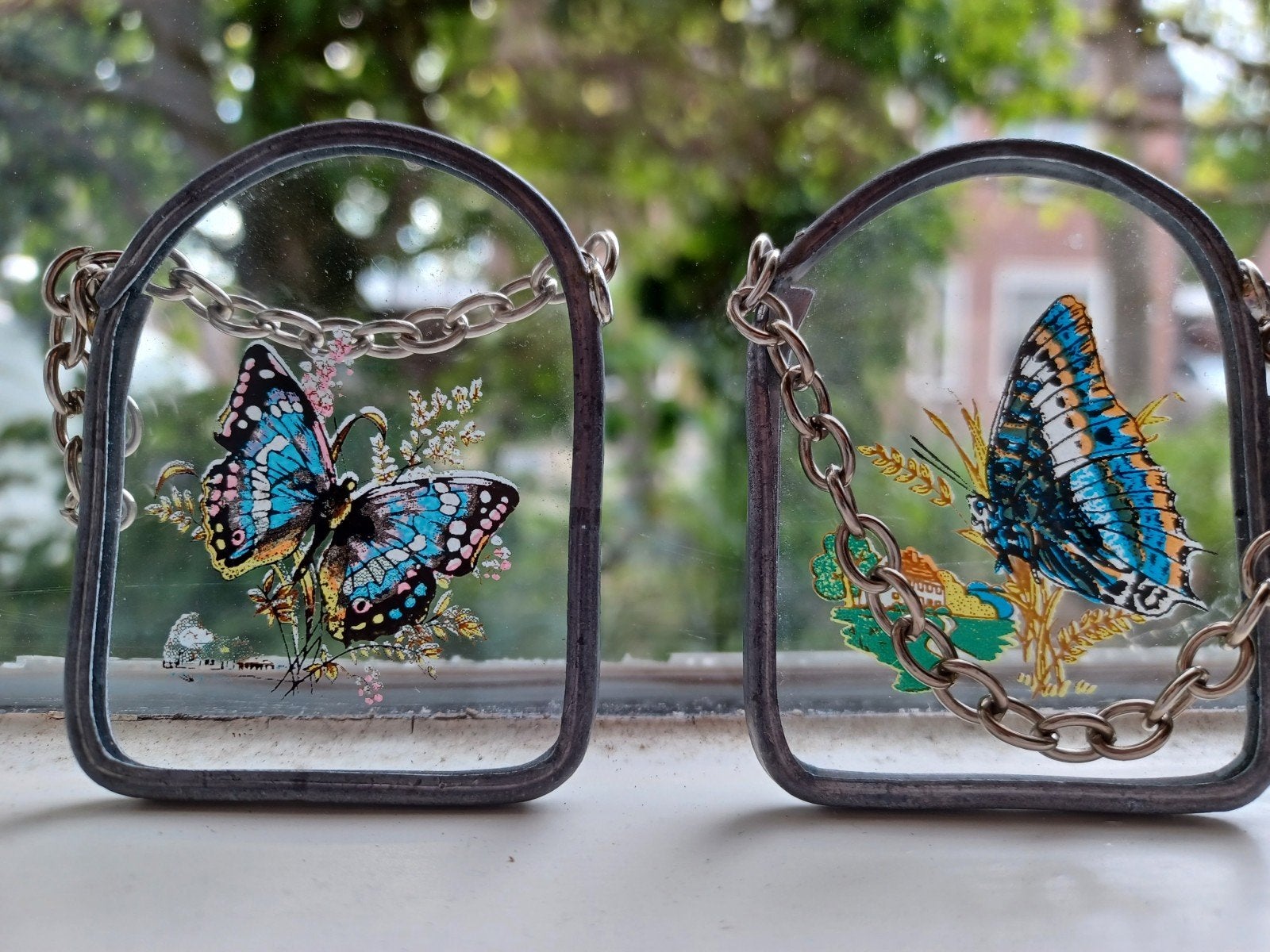 Set van 2 vintage glas in lood vlinderhangers, Ophalen of Verzenden