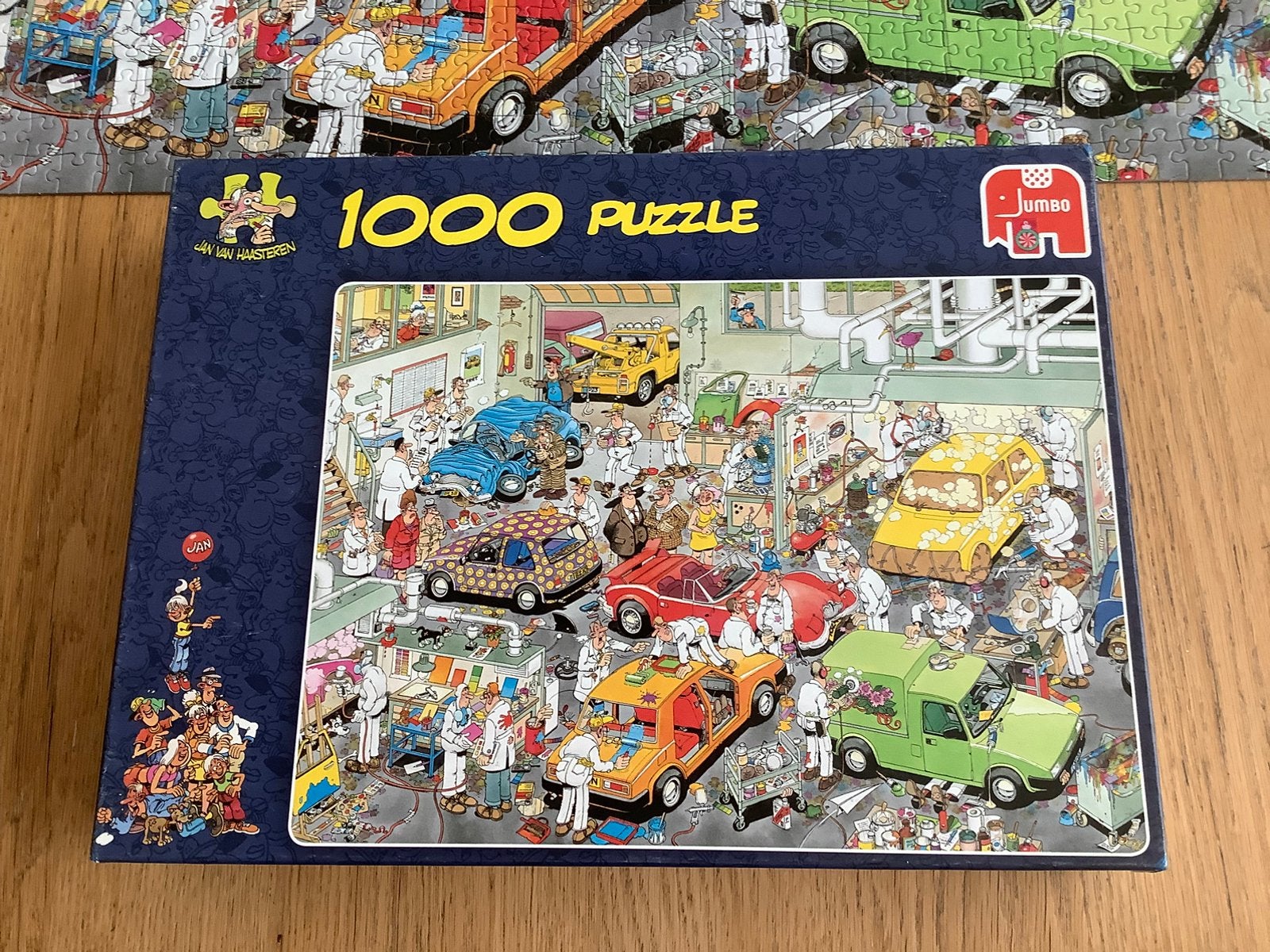 Jan van Haasteren legpuzzel. In de autospuiterij. Jumbo., Ophalen of Verzenden, 500 t/m 1500 stukjes, Zo goed als nieuw