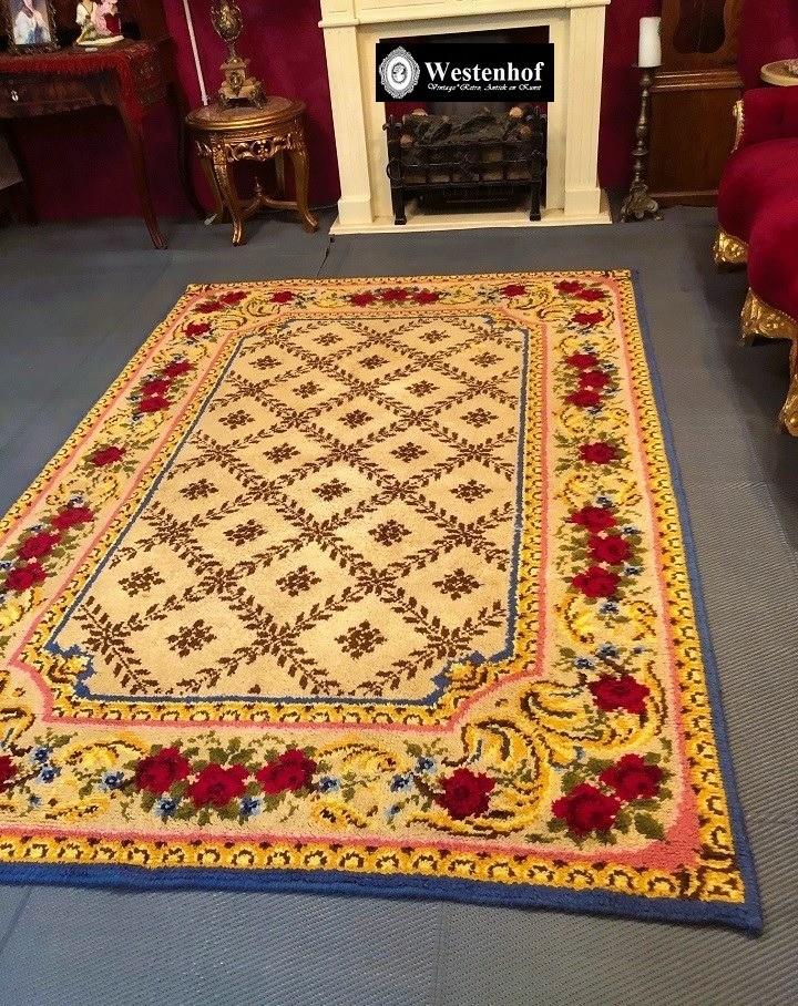 Handgeknoopt tapijt - vloerkleed wol vintage bloemen, Gebruikt, Blauw, 200 cm of meer, Ophalen of Verzenden