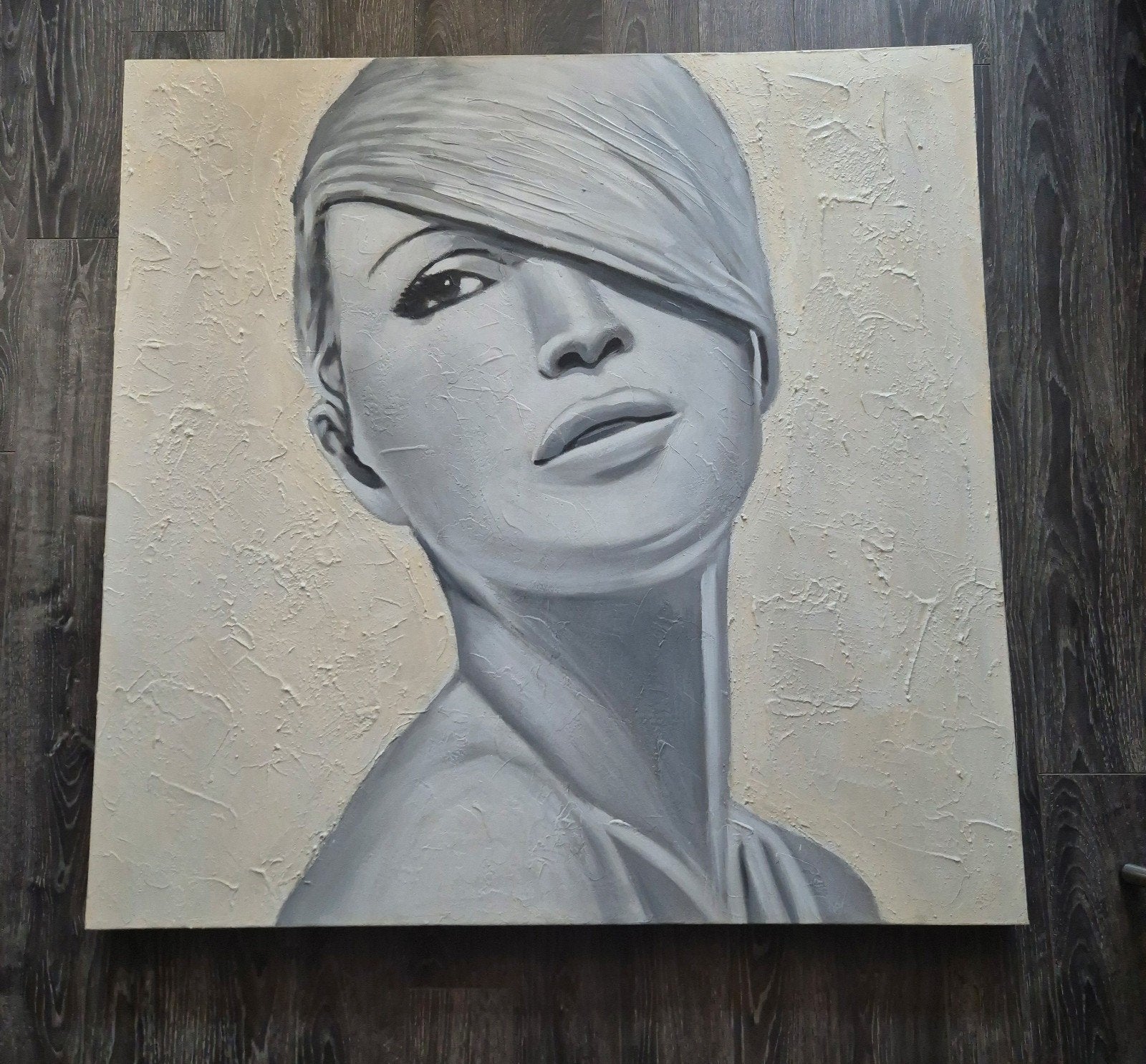 Modern Portret Vrouw Zwart Wit Grijs Schilderij 100x100cm, Ophalen, Figuren, Hout, Gelakt/vernis