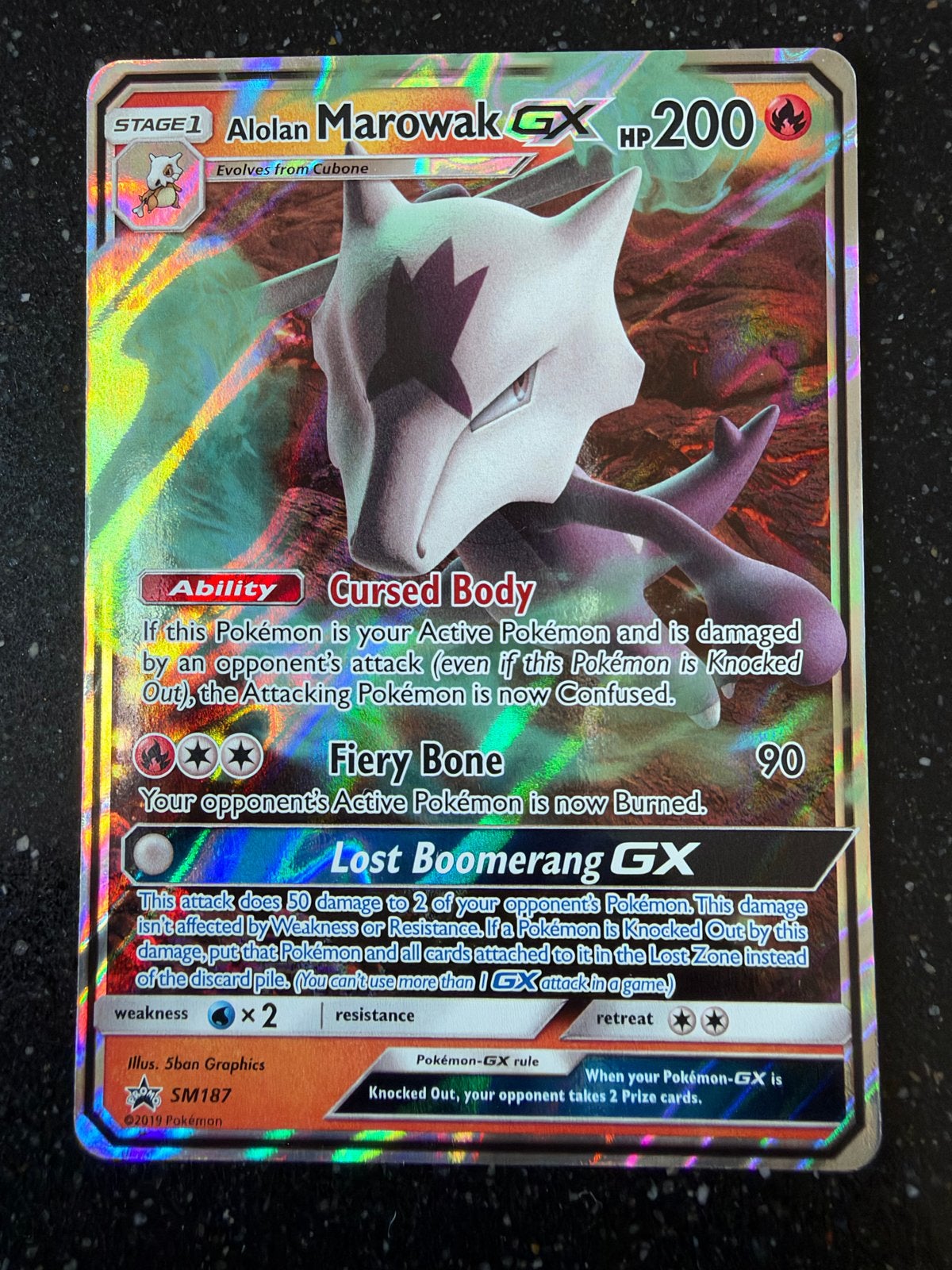 Alolan Marowak GX Pokémon Kaart SM187 Full Art, Ophalen of Verzenden, Zo goed als nieuw, Losse kaart, Foil