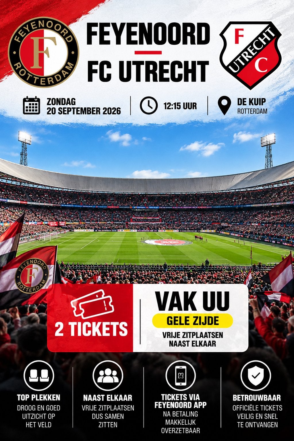 2x Tickets Feyenoord – FC Utrecht | Vak UU | 20 september, Losse kaart, Twee personen, September