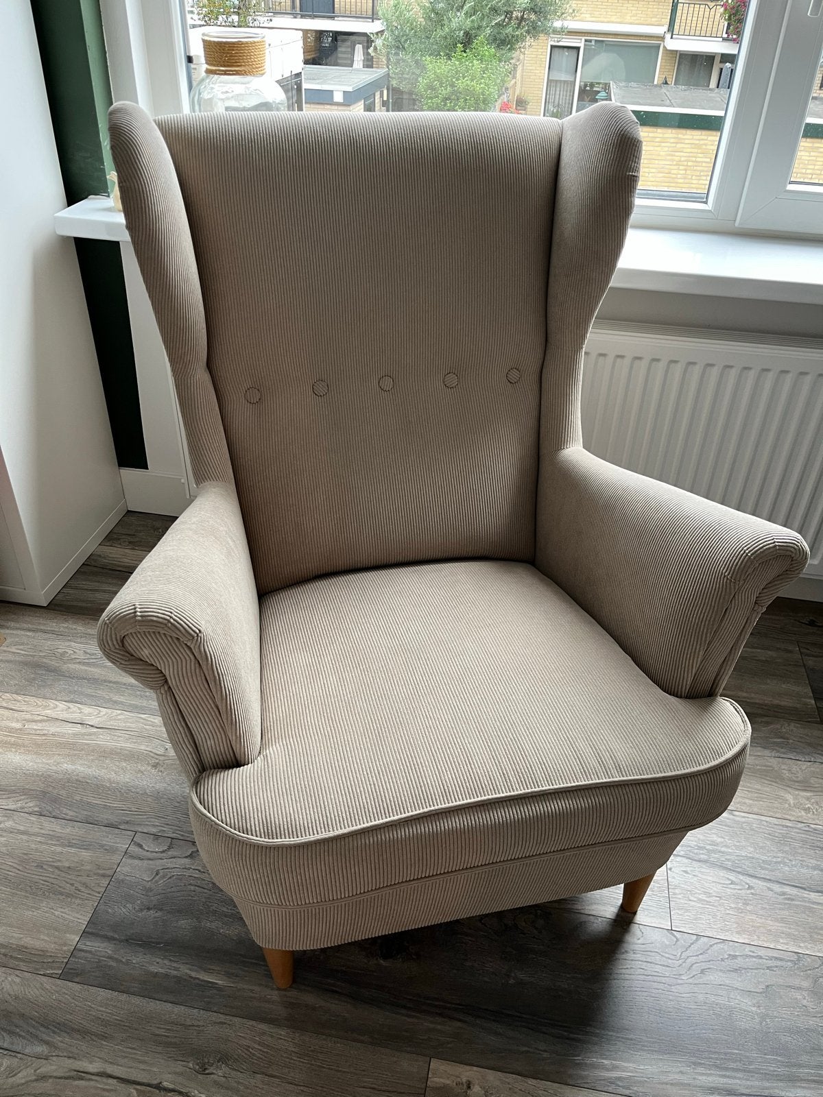 IKEA STRANDMON fauteuil beige, Ophalen, Zo goed als nieuw, Stof, 75 tot 100 cm