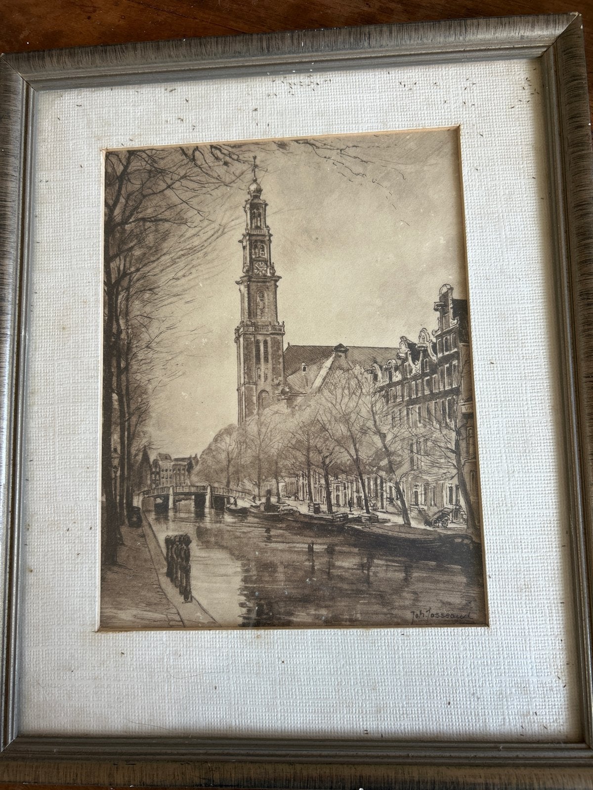 Vintage tekening Amsterdamse gracht met Westerkerk, Antiek en Kunst, Ophalen of Verzenden, Tekening, Pentekening, Achter glas