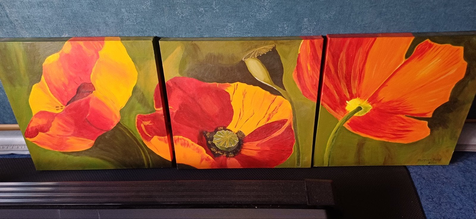 3-luik Klaprozen Schilderij - Eigen Werk (3x 50x50 cm), Bloemen, Acrylverf, Ophalen of Verzenden, Handgeschilderd