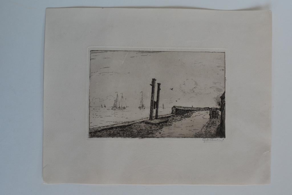 MUIDEN HAVEN ZUIDERZEE Mooie Ets GEORG TAMSON 1920 M6, Antiek en Kunst, Origineel, 1800 - 1899, 12 cm, Landschap