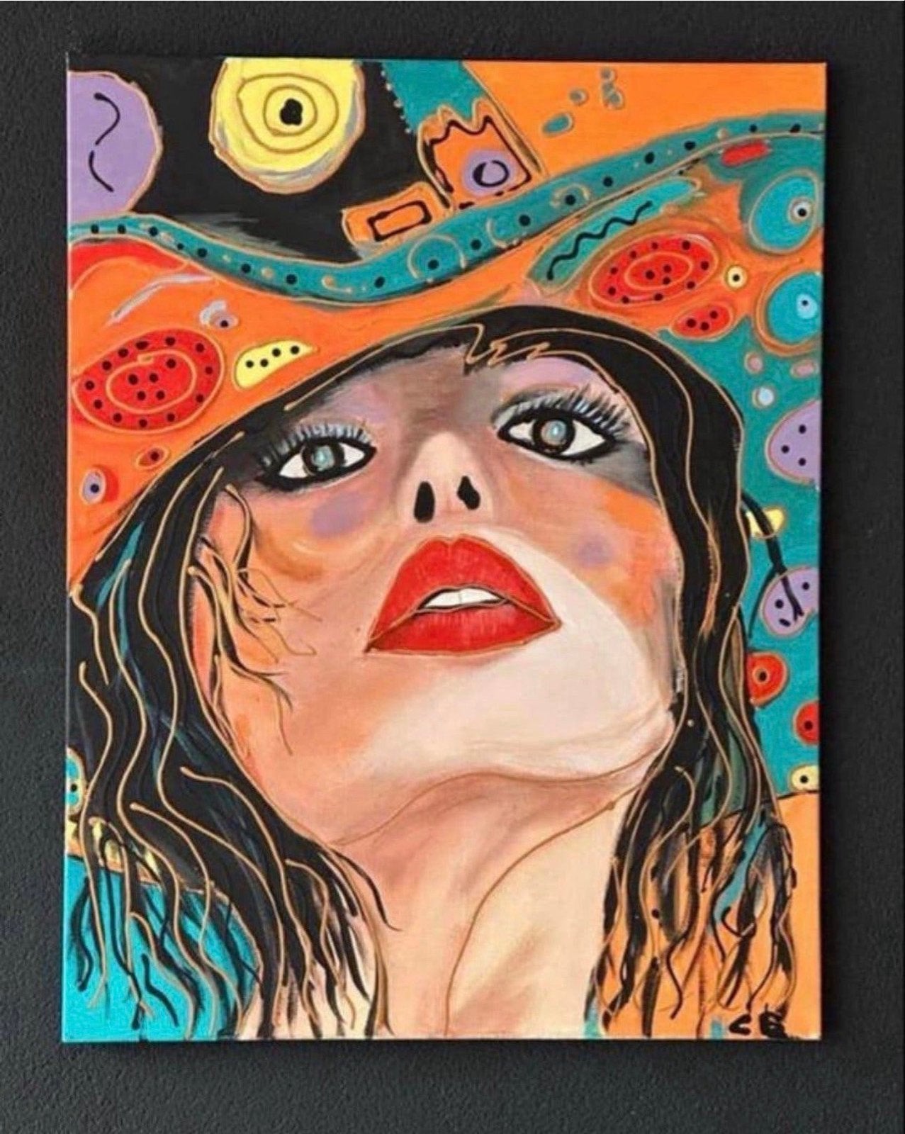 Levendig Portret: Vrouw met Kleurrijke Hoed, Acrylverf, Handgeschilderd, Ophalen of Verzenden, Portret