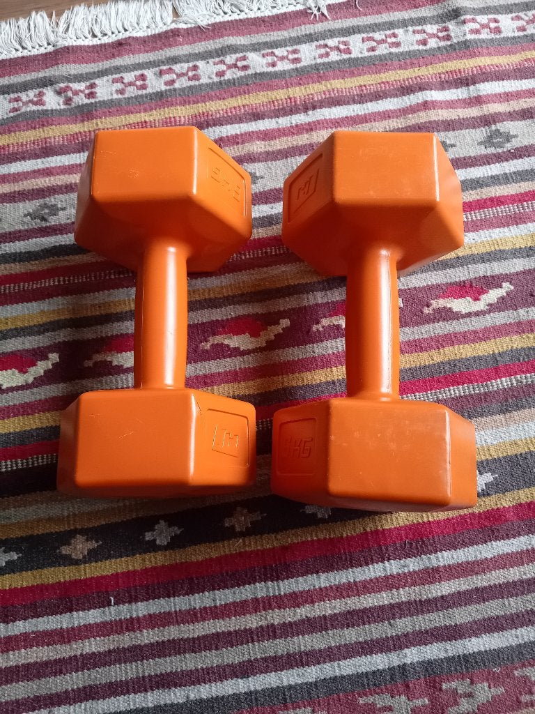 2x Dumbbells 6kg - Oranje, Ophalen of Verzenden, Gebruikt, Benen, Dumbbell