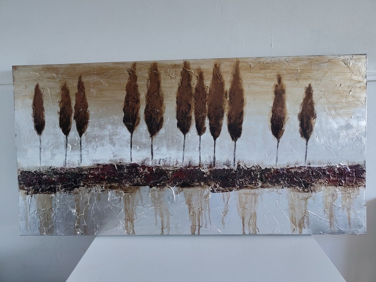 Schilderij bomen silhouet impasto zilver brons 120x60cm, Landschap, Ophalen of Verzenden, Olieverf, Overige materialen