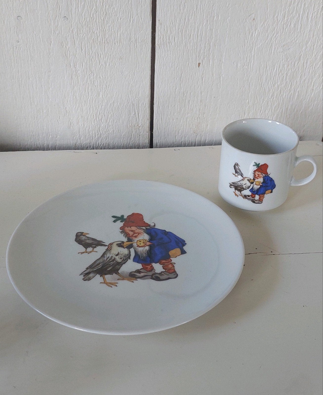 Vintage bordje met kopje kabouter kaboutertje gnome kind, Ophalen of Verzenden
