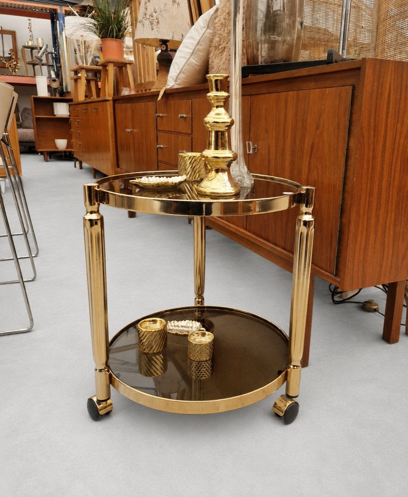 Vintage messing trolley met twee glazen platen, Minder dan 55 cm, ., Rond, Glas