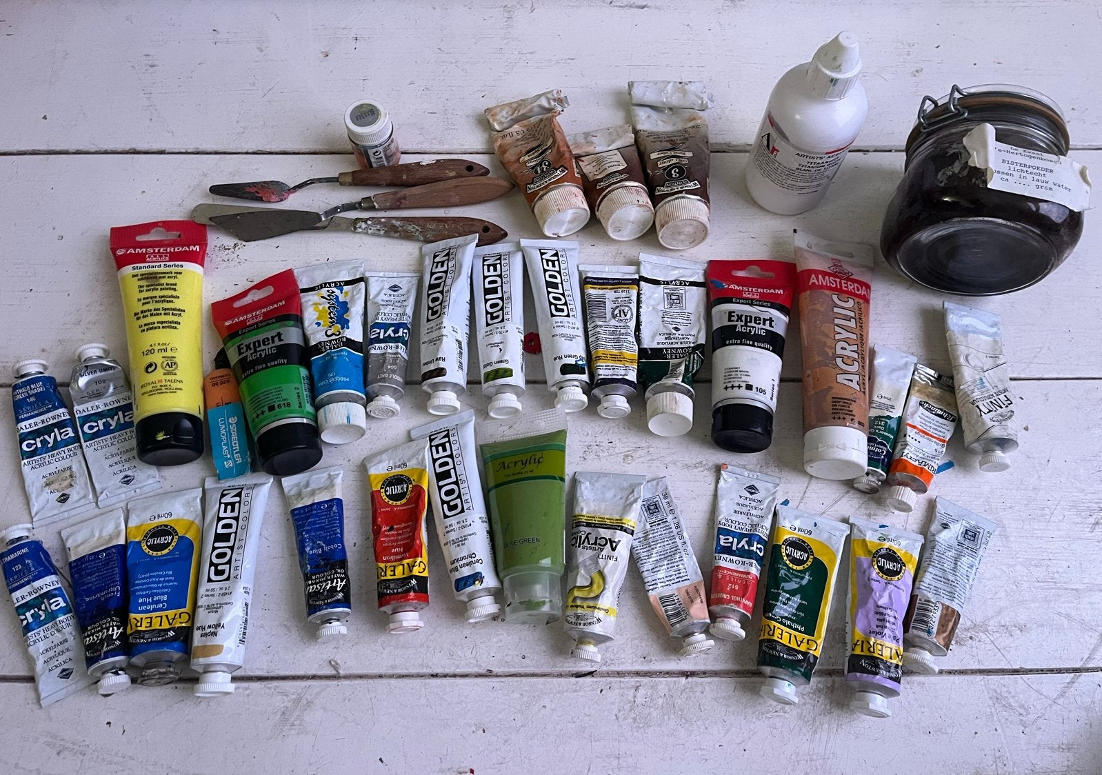 Grote partij acrylverf, penselen en schildersbenodigdheden, Hobby en Vrije tijd, Ophalen, Gebruikt, Acrylverf