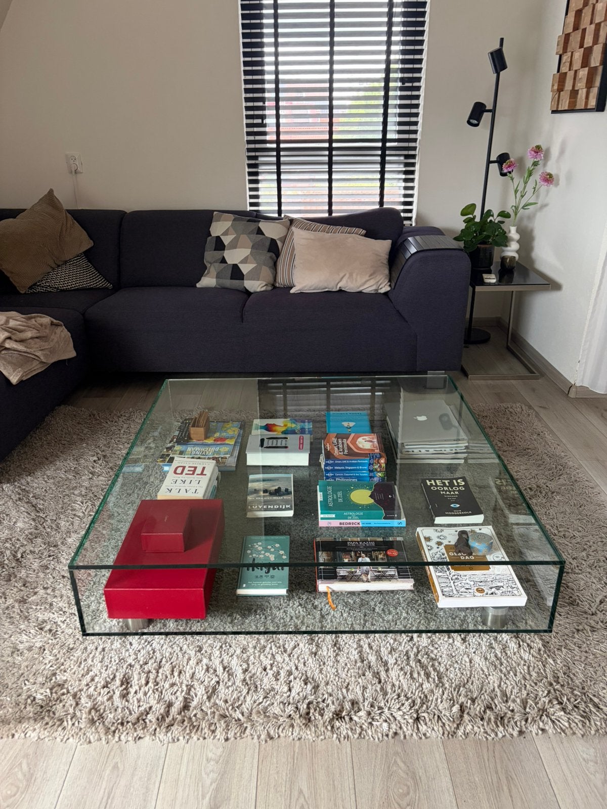 HELDERR design salontafel 110x110 - massief helder glas, Ophalen, Zo goed als nieuw, Glas, 100 tot 150 cm