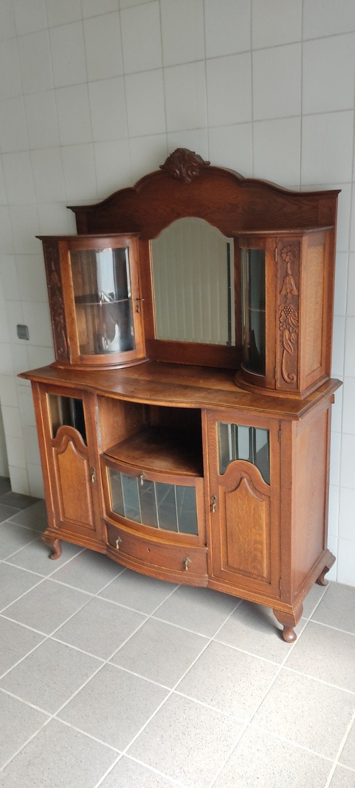 Antiek Eiken Dressoir met Spiegel en Vitrinekasten, Antiek en Kunst, Ophalen