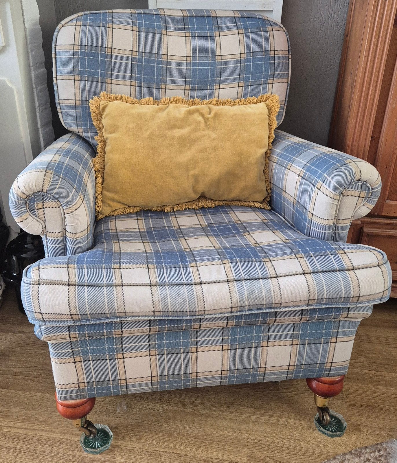 Prachtige Engelse geruite fauteuil stoel op wieltjes, Huis en Inrichting, Fauteuils, Ophalen, Gebruikt, 75 tot 100 cm, 75 tot 100 cm