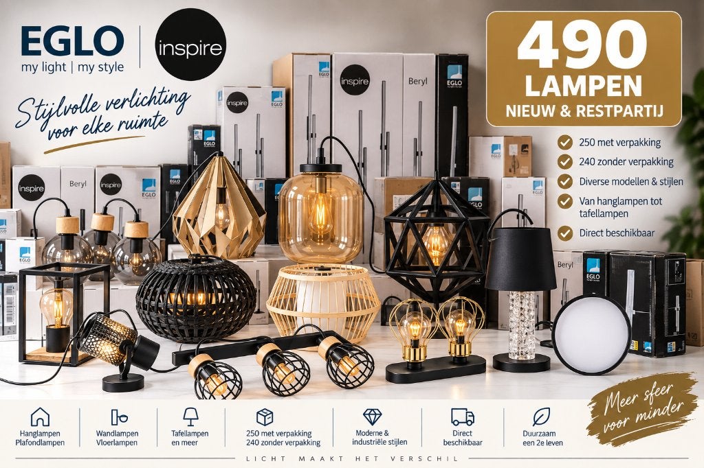 Partij 490 lampen | EGLO & Inspire | €20 p/st, Huis en Inrichting, Lampen | Hanglampen, Ophalen, Overige fittingen, Zo goed als nieuw