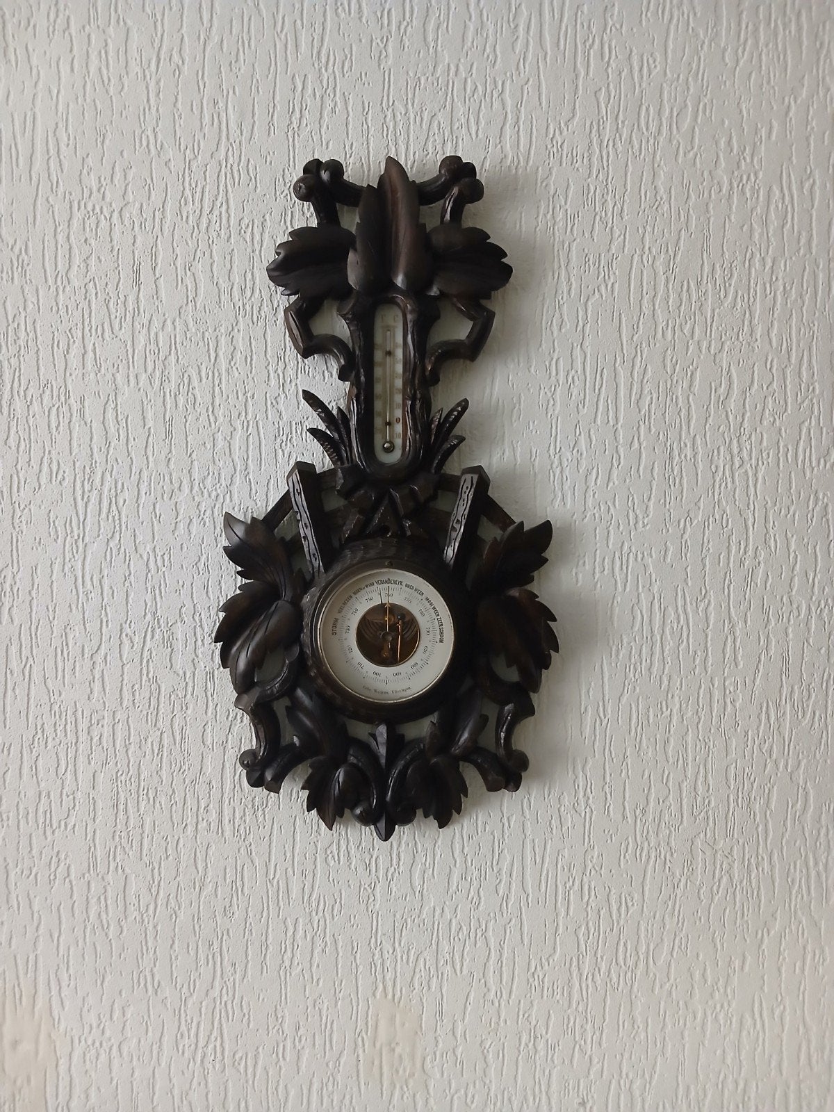 Antieke Barometer met Thermometer - Houtsnijwerk, Ophalen of Verzenden, Gebruikt, Barometer