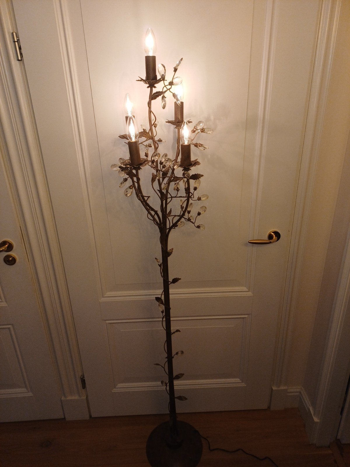 Elegante staande lamp met kristallen en blaadjes, 180cm, Ophalen of Verzenden, Gebruikt, Glas, 150 tot 200 cm