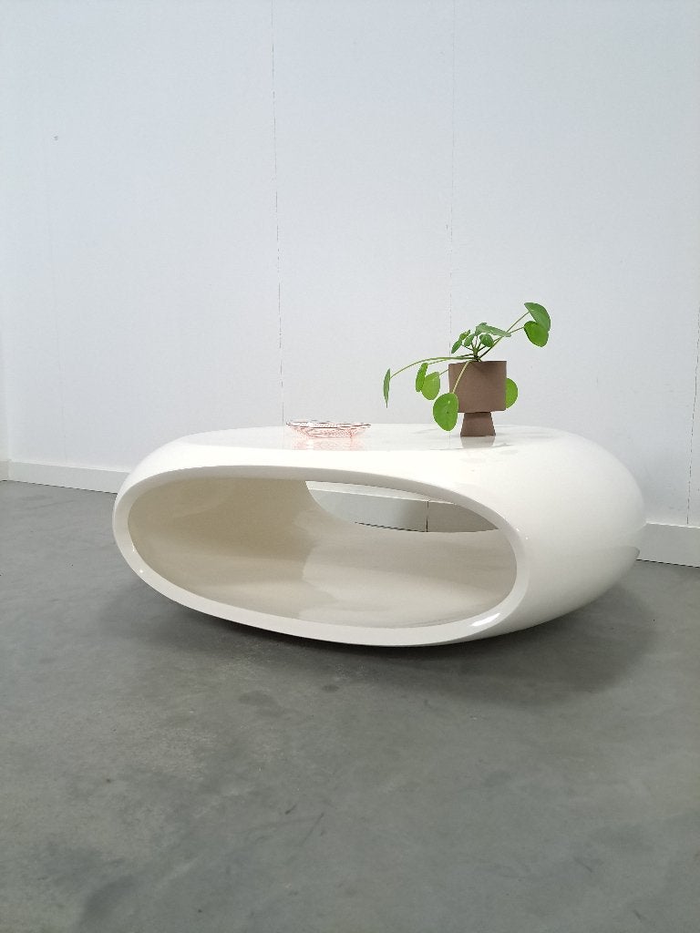 Witte Space Age ovale ronde tafel met open vak, Gebruikt, 100 tot 150 cm, Space age, vintage, Ovaal