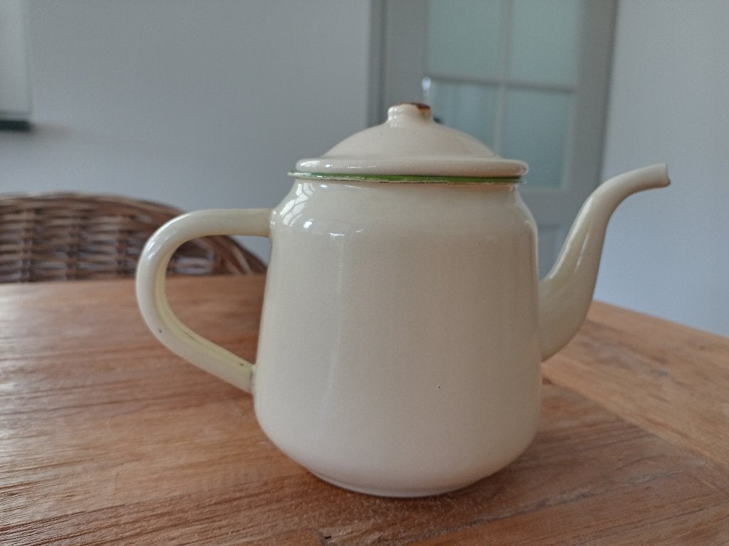 oud emaille wit theepotje met groene bies, Antiek en Kunst, Ophalen of Verzenden